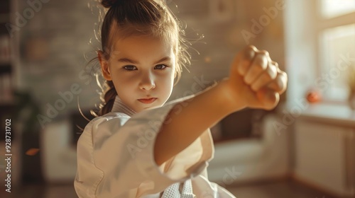 Closeup Portrait of a 10-Year-Old Girl Practicing Karate in Her Room, Sunlight Illuminating Her Focused Expression and Martial Arts Stance