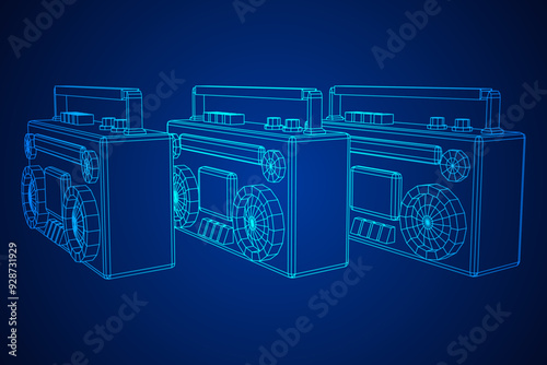 Retro Boombox outdated portable cassette tape recorder. Wireframe low poly mesh vector illustration.