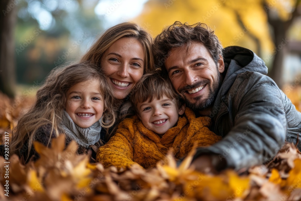 Smiling young family sitting in leaves, Generative AI Smiling young family sitting in leaves, Generative AI