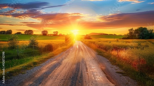 Create an AI image of a rural dirt road with open fields and a vibrant sunset, highlighting the simplicity and beauty of the countryside