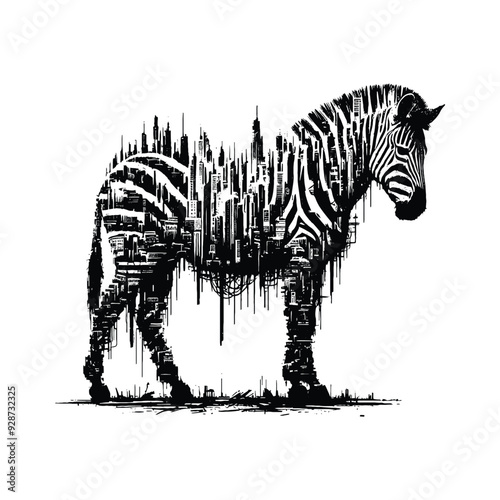 silhouette of Zebrafilled with destroyed futuristic dystopia environment in rough drawing,