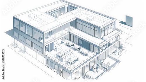 Create an architectural drawing of a contemporary office building, showcasing its functional layout, open-plan spaces, and modern amenities.