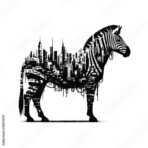 silhouette of Zebrafilled with destroyed futuristic dystopia environment in rough drawing,