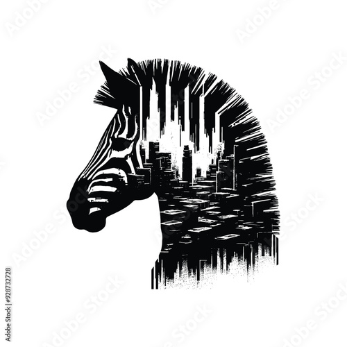 silhouette of Zebra filled with destroyed futuristic dystopia environment in rough drawing,