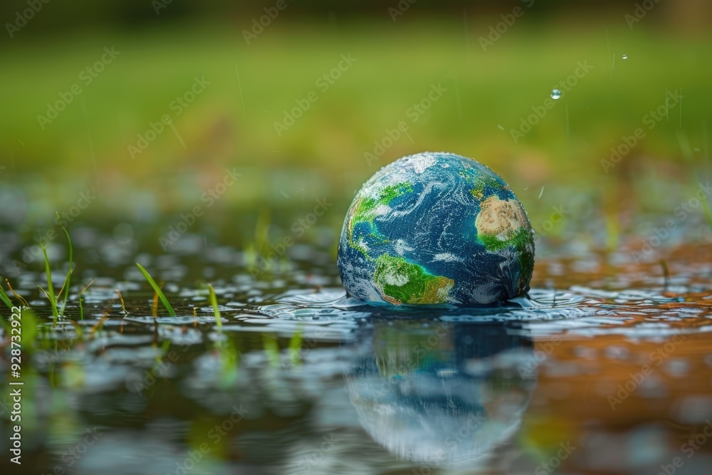 Globe in puddle of water Globe in puddle of water