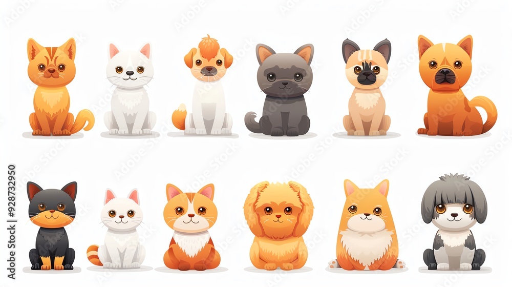 Cute cartoon cats and dogs sitting in a row. Adorable pet characters with different fur colors and breeds. Cute cartoon cats and dogs sitting in a row. Adorable pet characters with different fur colors and breeds.