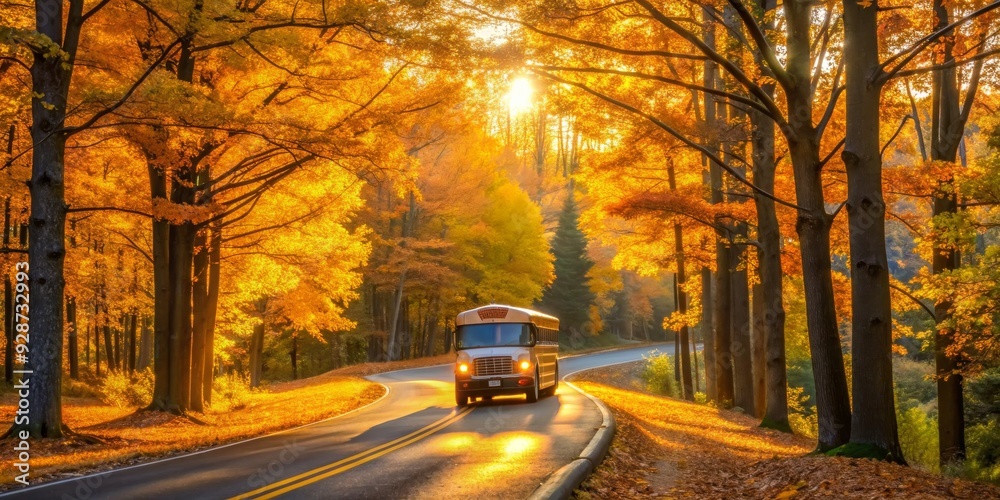 Obraz premium Autumnal Road, Bus Through Golden Canopy, Wide Angle, Sunlight, Fall Foliage, bus, autumn