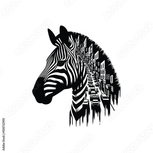 silhouette of Zebra filled with ghetto street in rough drawing,