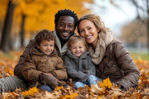 Smiling young family sitting in leaves, Generative AI