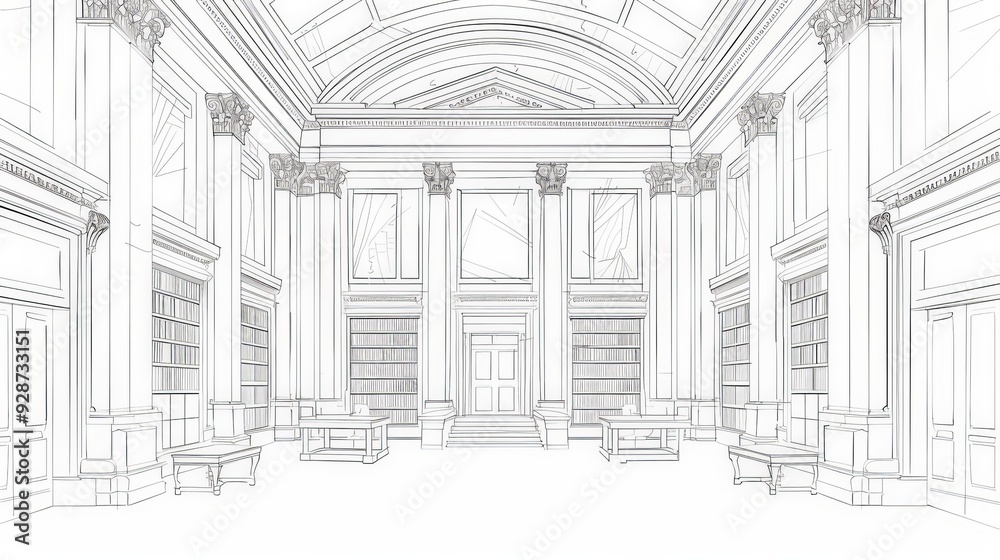 Create an architectural sketch of a historical library, focusing on its grand entrance, reading rooms, and classical design elements. Create an architectural sketch of a historical library, focusing on its grand entrance, reading rooms, and classical design elements.