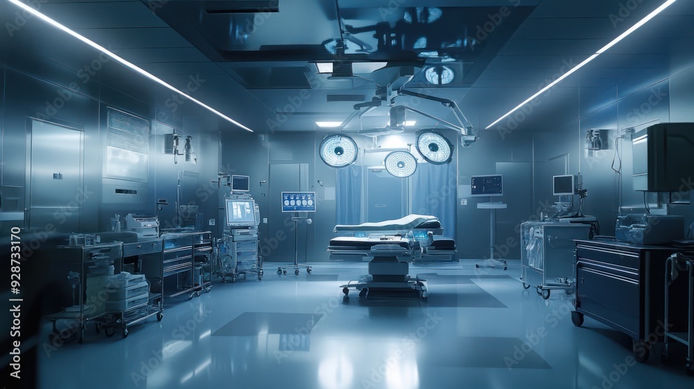 Fototapeta premium Sterile Hospital Operating Room with Surgical Equipment and an Empty Operating Table