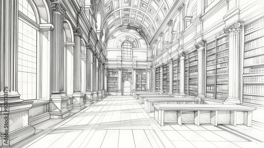 Create an architectural sketch of a historical library, focusing on its grand entrance, reading rooms, and classical design elements. Create an architectural sketch of a historical library, focusing on its grand entrance, reading rooms, and classical design elements.