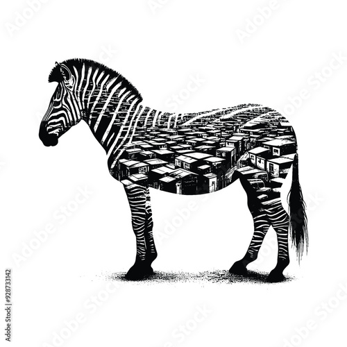 silhouette of Zebrafilled with ghetto street in rough drawing,