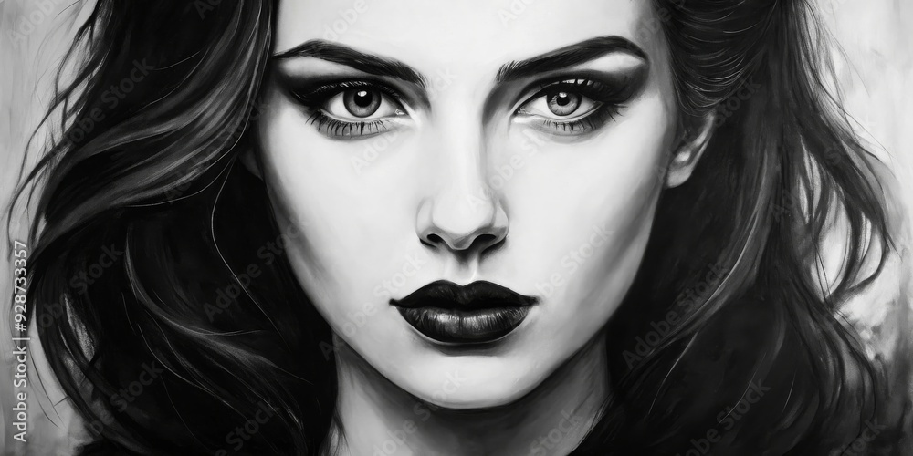 Fototapeta premium Black and White Portrait of a Woman with Intense Eyes, Oil Painting, Woman Portrait, Intense Gaze, Black and White Art