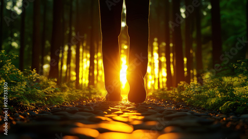 Person walking on a forest path during sunset, surrounded by trees and glowing sunlight, symbolizing journey and nature exploration. photo