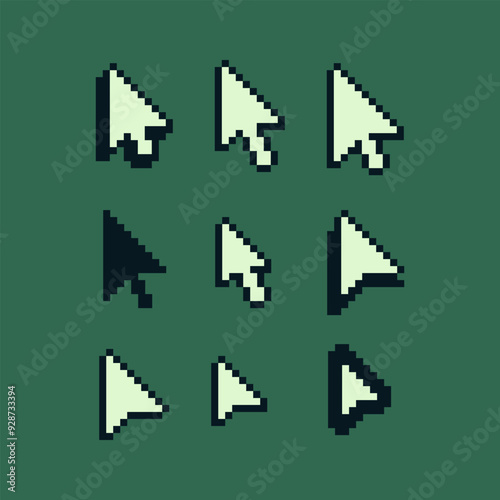 Cursor pixel art icons set, pointer, mouse arrow, design for logo, web, mobile app, badges and patches. isolated vector illustration. 8-bit.
