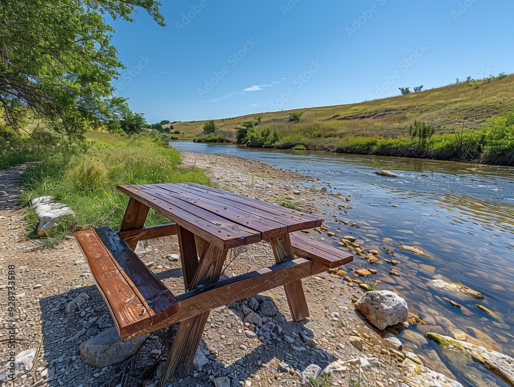 A serene riverside picnic area with a wooden table and benches under a clear blue sky, surrounded by lush greenery and gentle flowing water during a sunny day A serene riverside picnic area with a wooden table and benches under a clear blue sky, surrounded by lush greenery and gentle flowing water during a sunny day