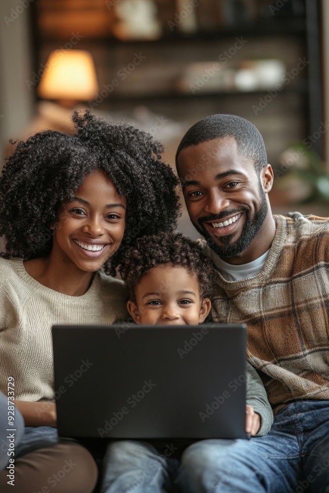 Happy family watching videos on laptop and laughing, Generative AI Happy family watching videos on laptop and laughing, Generative AI