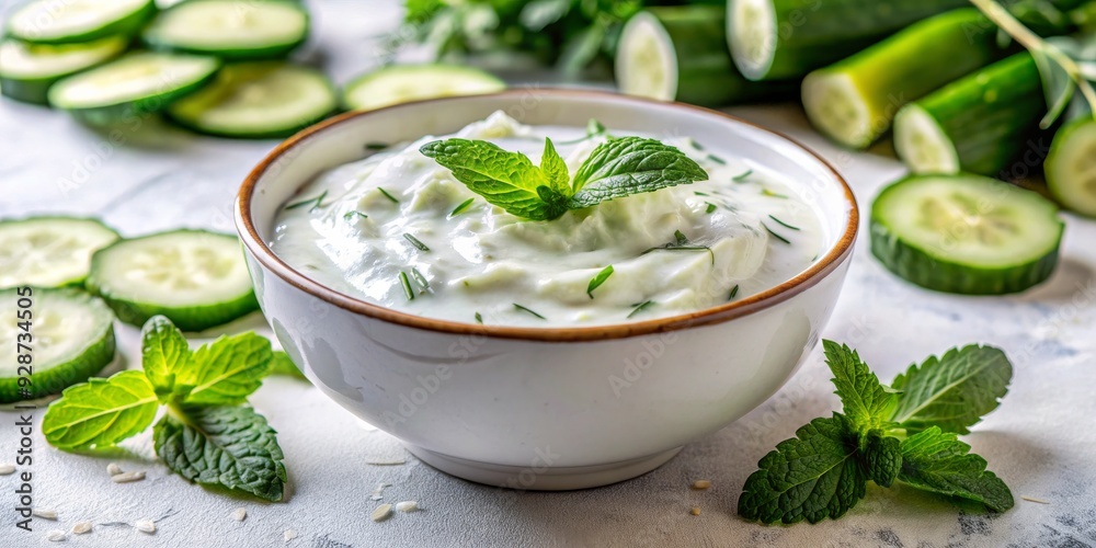 Bowl of Creamy Cucumber and Mint Tzatziki Sauce, Food Photography , Greek Cuisine, Mediterranean Diet, Tzatziki Recipe Bowl of Creamy Cucumber and Mint Tzatziki Sauce, Food Photography , Greek Cuisine, Mediterranean Diet, Tzatziki Recipe