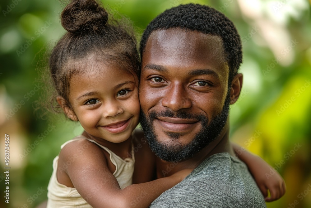 Fototapeta premium Portrait of young father carrying his daughter on his back, Generative AI