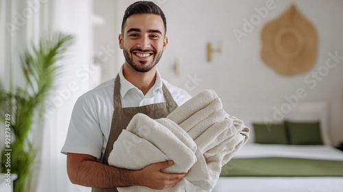 Male housekeeper holding clean towels. 