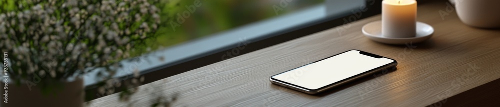 Cozy E-commerce Showcase: Smartphone Mockup on Wooden Table with Coffee, Candle, and Plants, Exuding Comfort and Connection in a Digital Age. Cozy E-commerce Showcase: Smartphone Mockup on Wooden Table with Coffee, Candle, and Plants, Exuding Comfort and Connection in a Digital Age.