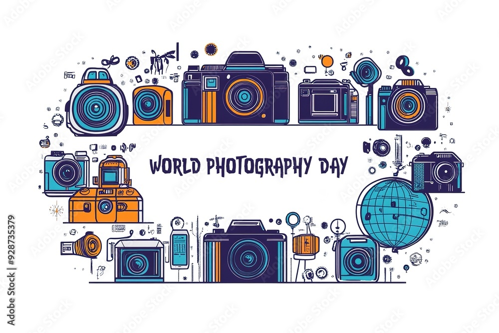 Obraz premium World Photography Day with World Map Background, photographer taking photo. World Photography Day social media banner and instagram banner post design