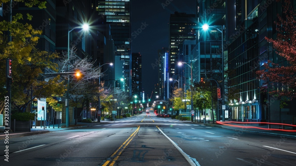 Create an image of an urban road at night, lit by streetlights and lined with modern buildings, showcasing the quiet side of the city. Create an image of an urban road at night, lit by streetlights and lined with modern buildings, showcasing the quiet side of the city.