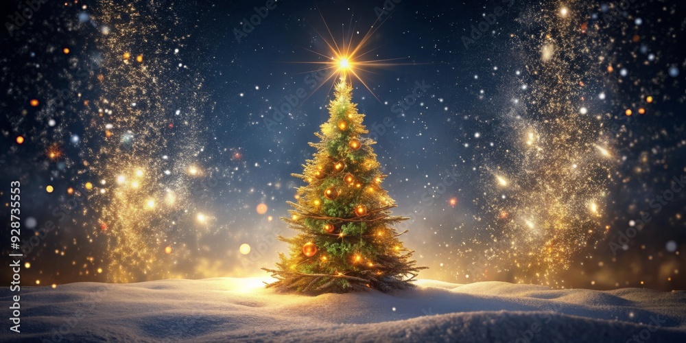 Christmas Tree in a Snowy Night Landscape with Sparkling Lights, Christmas , winter , holiday , magic Christmas Tree in a Snowy Night Landscape with Sparkling Lights, Christmas , winter , holiday , magic