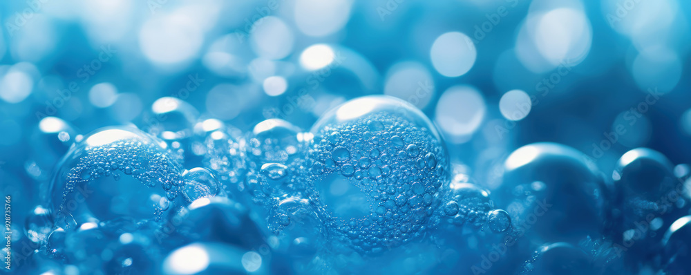 Foam made of soap, shampoo, lotion, detergent on blue blurred backdrop Foam made of soap, shampoo, lotion, detergent on blue blurred backdrop