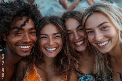Multi generational friends smiling on camera outdoor - Group of multiracial people with different ages having fun together outdoor, Generative AI