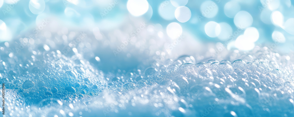 Foam made of soap, shampoo, lotion, detergent on blue blurred backdrop Foam made of soap, shampoo, lotion, detergent on blue blurred backdrop