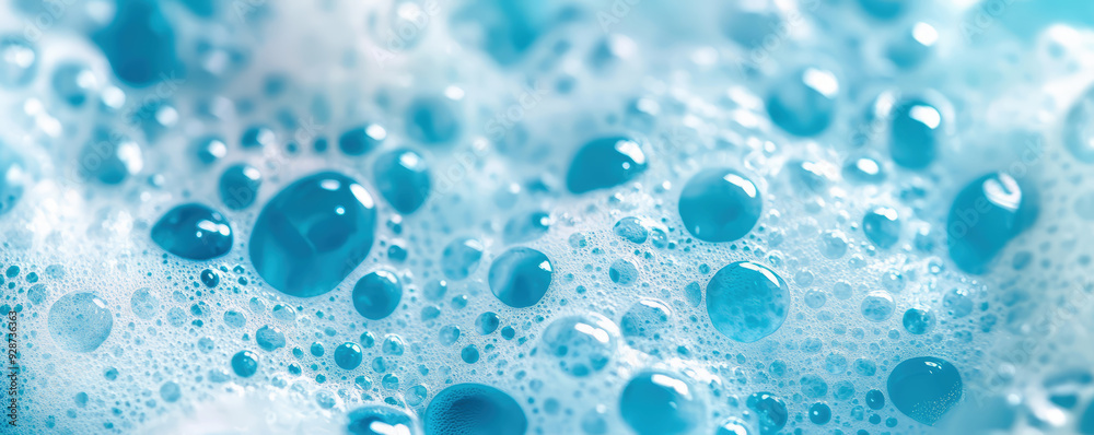 Foam made of soap, shampoo, lotion, detergent on blue blurred backdrop Foam made of soap, shampoo, lotion, detergent on blue blurred backdrop