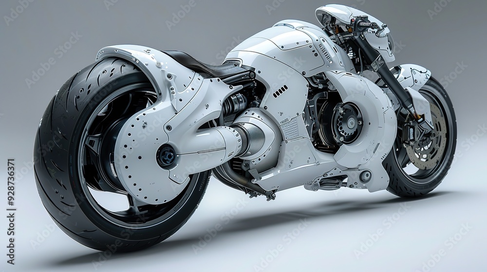 Futuristic white motorcycle with exposed engine and large rear wheel. Futuristic white motorcycle with exposed engine and large rear wheel.