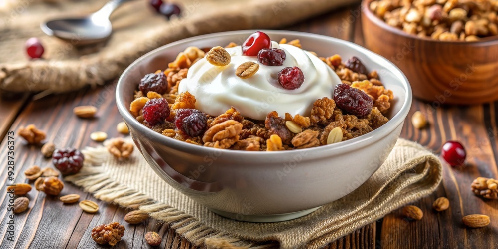 Close-up of a Bowl of Granola with Yogurt and Cranberries, Breakfast , Healthy , Granola , Food Close-up of a Bowl of Granola with Yogurt and Cranberries, Breakfast , Healthy , Granola , Food