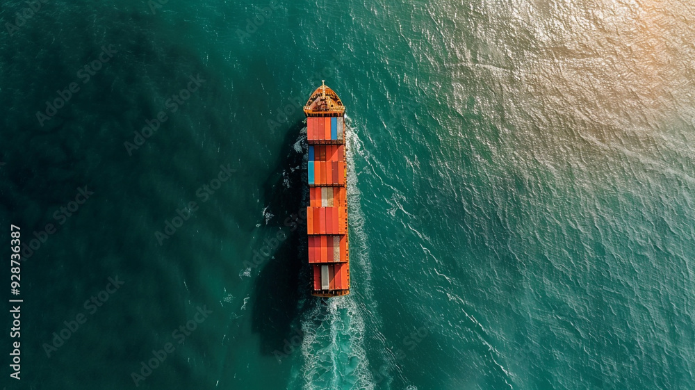 High aerial top down view of a large container cargo ship in motion over open ocean with copy space as a concept for import and export industry
High aerial top down view of a large container cargo ship in motion over open ocean with copy space as a concept for import and export industry