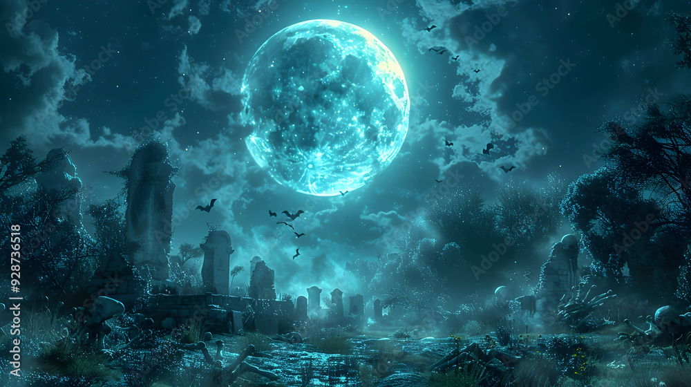 A full moon casting an eerie glow on a Halloween night, with bats flying across the sky and skeletons emerging from their graves A full moon casting an eerie glow on a Halloween night, with bats flying across the sky and skeletons emerging from their graves