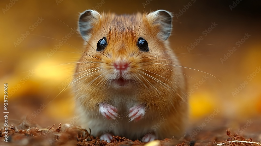 A cute hamster with big eyes and pink paws sits on brown ground. A cute hamster with big eyes and pink paws sits on brown ground.