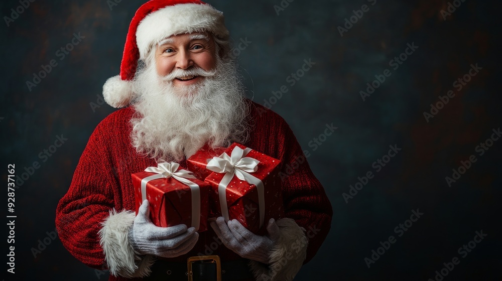 Santa Claus with Gifts: A jovial Santa Claus, dressed in his iconic red suit and hat, holds two wrapped gifts, radiating Christmas cheer. His warm smile and twinkling eyes evoke a sense Cheer. Santa Claus with Gifts: A jovial Santa Claus, dressed in his iconic red suit and hat, holds two wrapped gifts, radiating Christmas cheer. His warm smile and twinkling eyes evoke a sense Cheer.