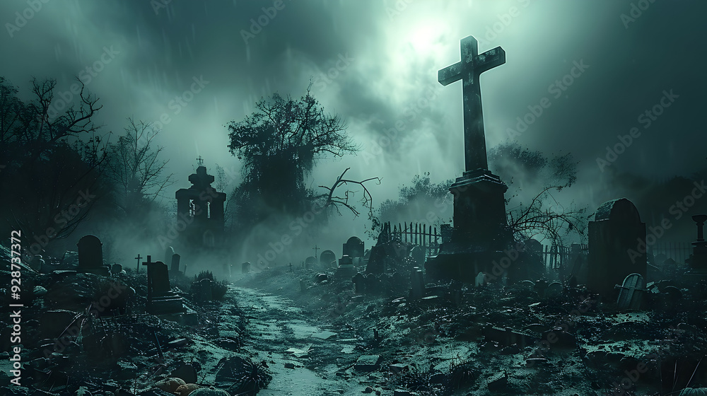A graveyard on Halloween with ghostly apparitions and eerie mist rising from the ground A graveyard on Halloween with ghostly apparitions and eerie mist rising from the ground