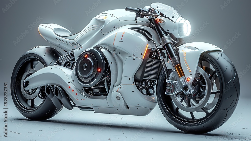 Futuristic white motorcycle with intricate details. Futuristic white motorcycle with intricate details.