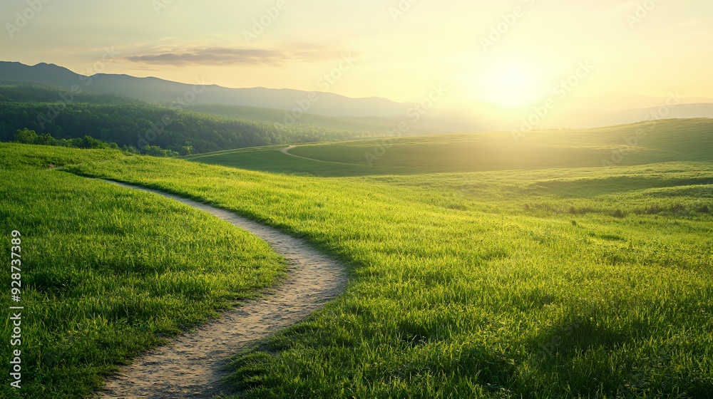 A winding dirt path leads through a lush green field towards the sun setting over distant mountains. A winding dirt path leads through a lush green field towards the sun setting over distant mountains.