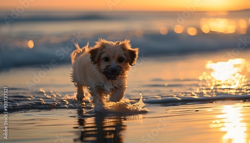 A cute dog is walking by the seaside, a tranquil scene reflected in the sunset.