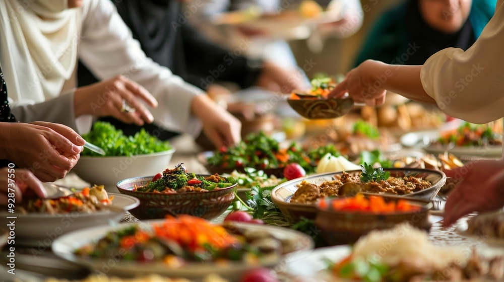 Obraz premium Describe the joy of breaking fast (Iftar) during Ramadan Kareem. Write about communal meals shared with loved ones, the array of traditional dishes