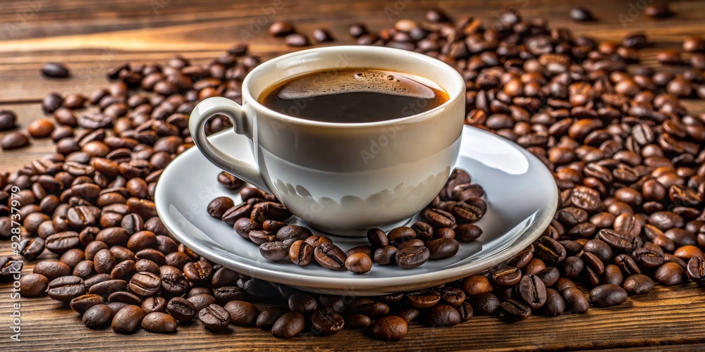 Coffee Cup Surrounded by Beans, White Cup, Coffee Beans, Wooden Table, Close-up , coffee , caffeine Coffee Cup Surrounded by Beans, White Cup, Coffee Beans, Wooden Table, Close-up , coffee , caffeine