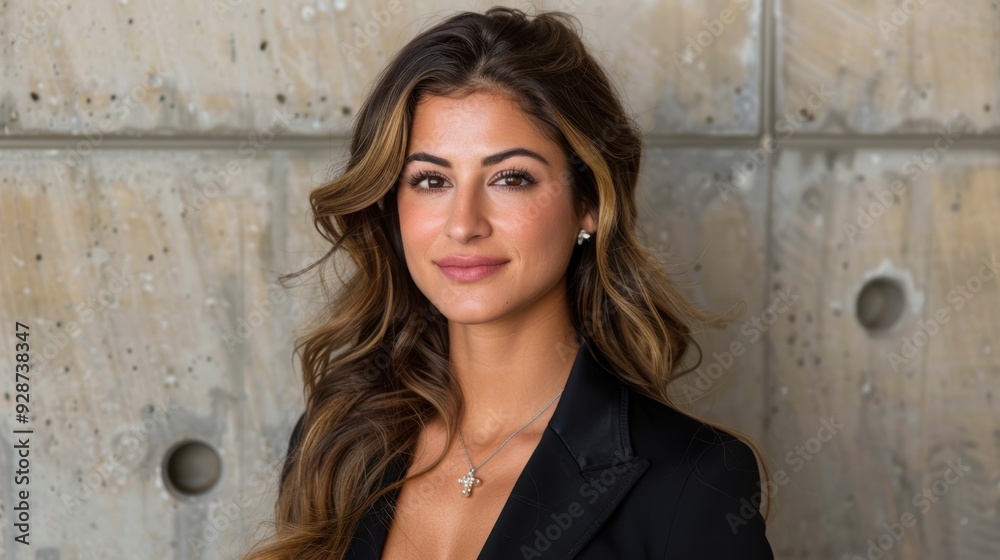 A professional woman with long, wavy hair, poses confidently in front of a concrete wall while wearing a black blazer, giving off a poised and self-assured demeanor A professional woman with long, wavy hair, poses confidently in front of a concrete wall while wearing a black blazer, giving off a poised and self-assured demeanor