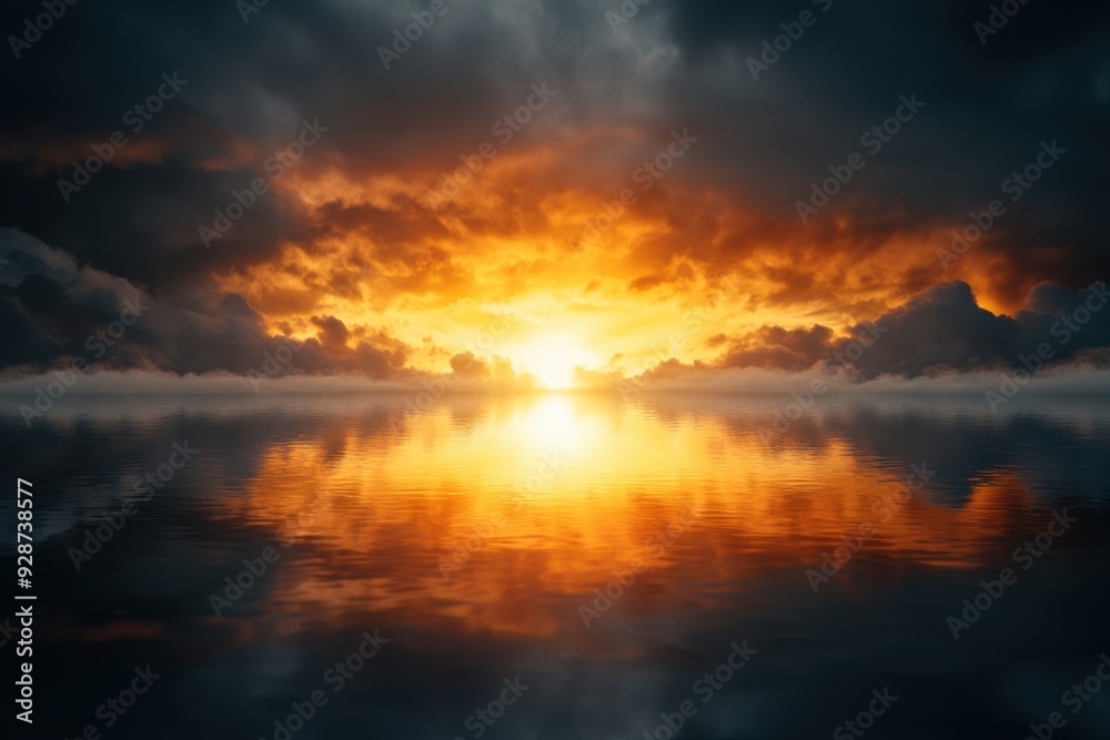 Fototapeta premium A breathtaking sunset reflects on tranquil waters, surrounded by dramatic clouds and vibrant colors creating a serene atmosphere.