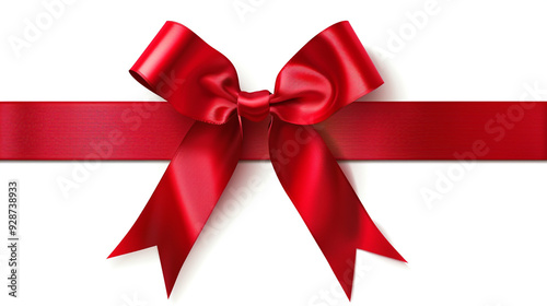 Top view of Red ribbon rolled and red bow isolated on colored background.