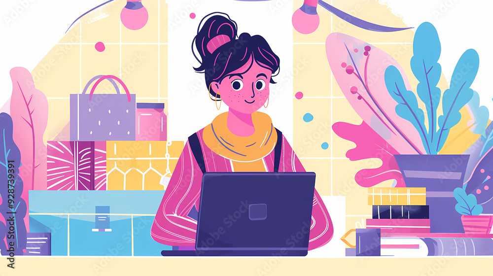 female teenager working with laptop, shopping online, making call. Importance of digital literacy for elderly people vector image female teenager working with laptop, shopping online, making call. Importance of digital literacy for elderly people vector image