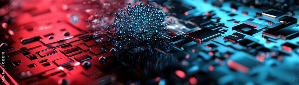 Futuristic Circuit Board with Glowing Red and Blue Lights and Metallic Spheres Futuristic Circuit Board with Glowing Red and Blue Lights and Metallic Spheres